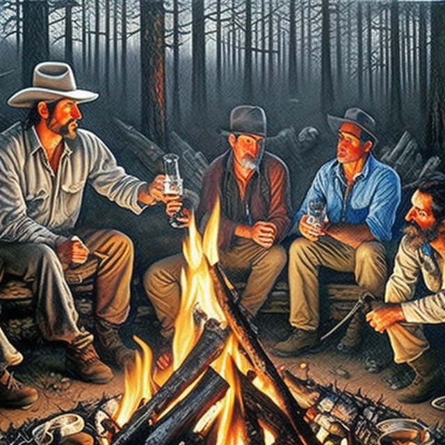 Degenerate hobos drinking rotgut by a campfire oil painting by James ...