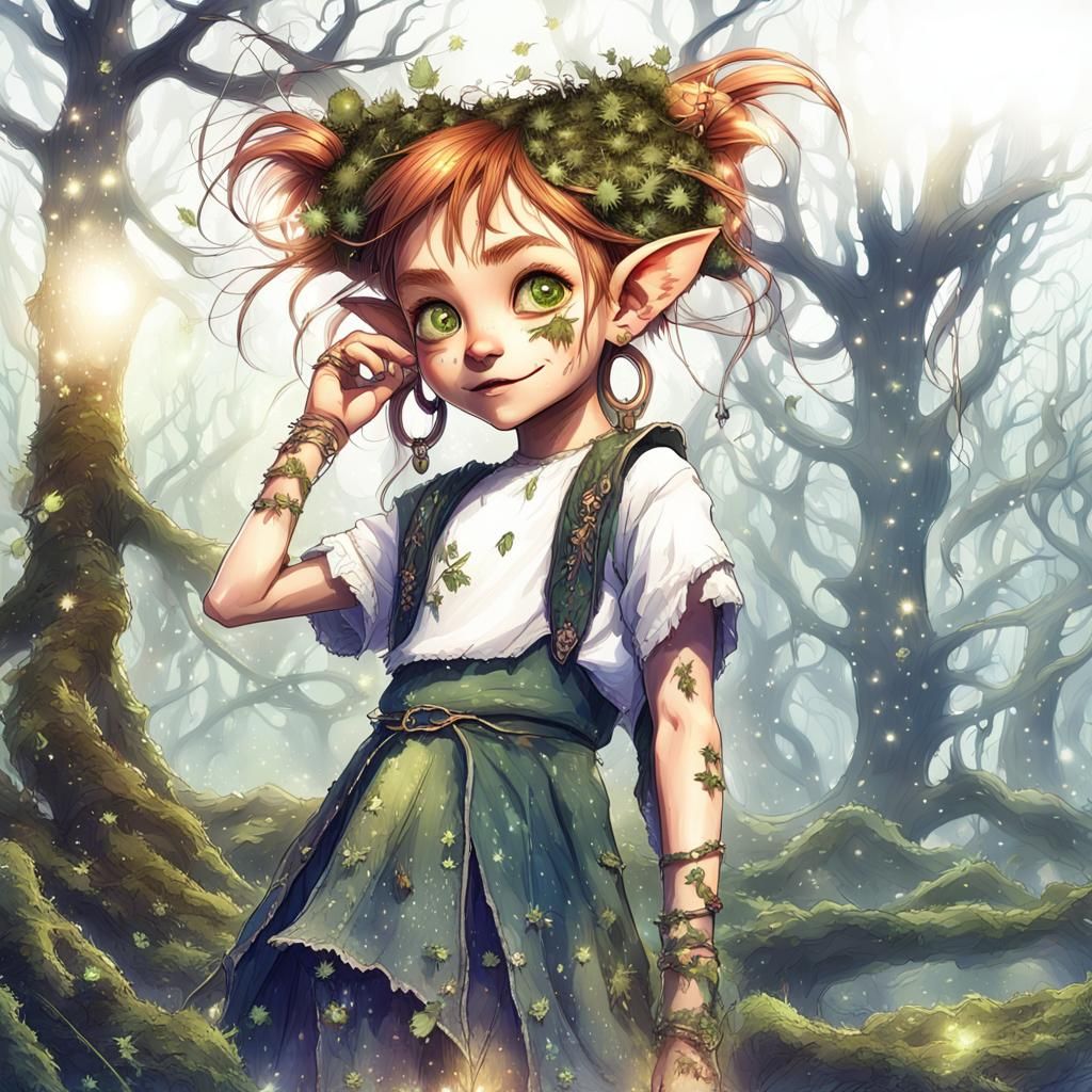 hyperrealistic goblin girl with a sly grin, long dishevelled...