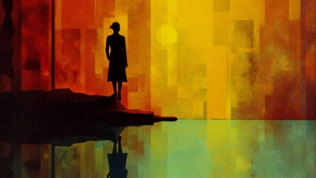 The figure enters the water and swims