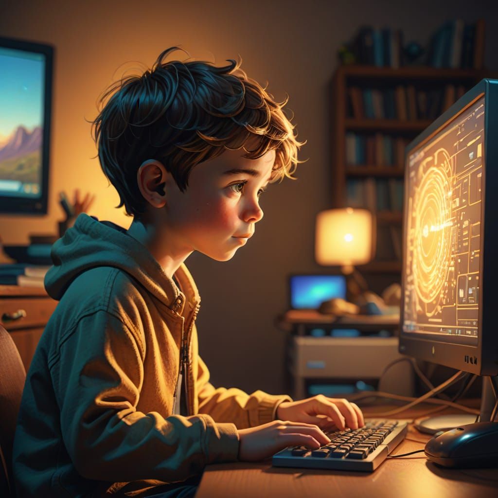 Boy in Awe of Retro Computer in Warm Golden Light