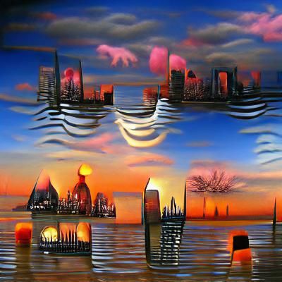 City skyline across the water at sunset