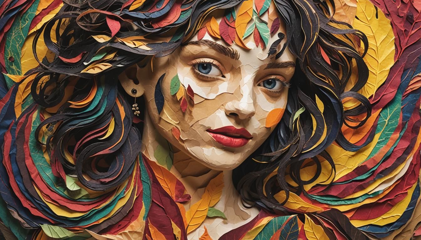 A colorful collage of layered paper leaves in different shap...