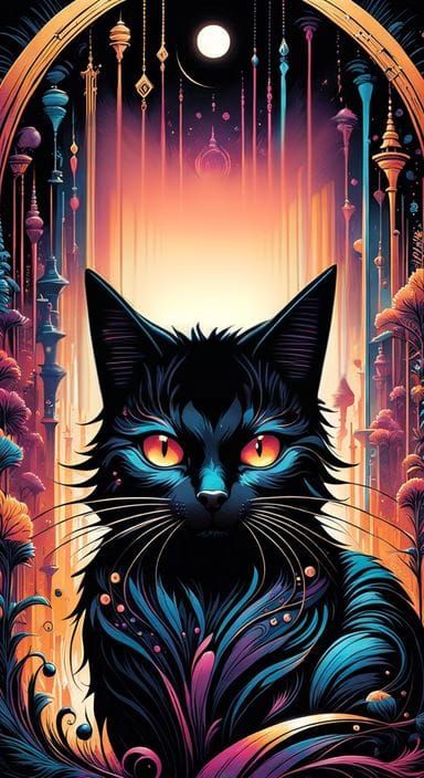 Vivid Marker Art: Black Cat with White Patch