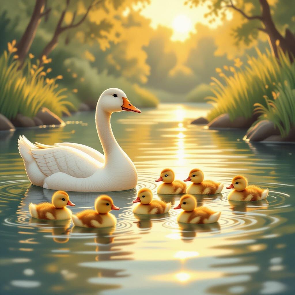 Mother Goose and Ducklings Swim in Golden Hour River
