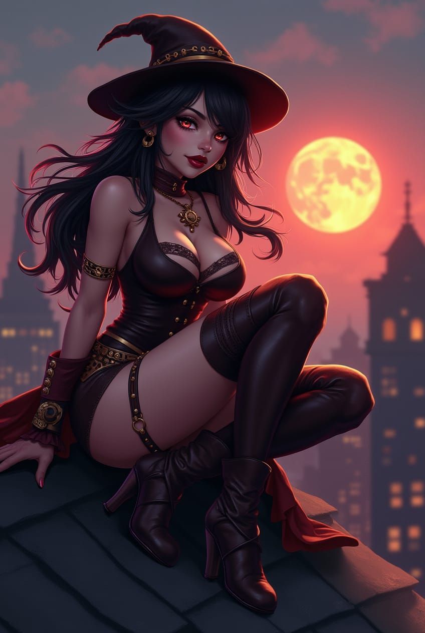 A steampunk fashioned female character sitting on a rooftop ...