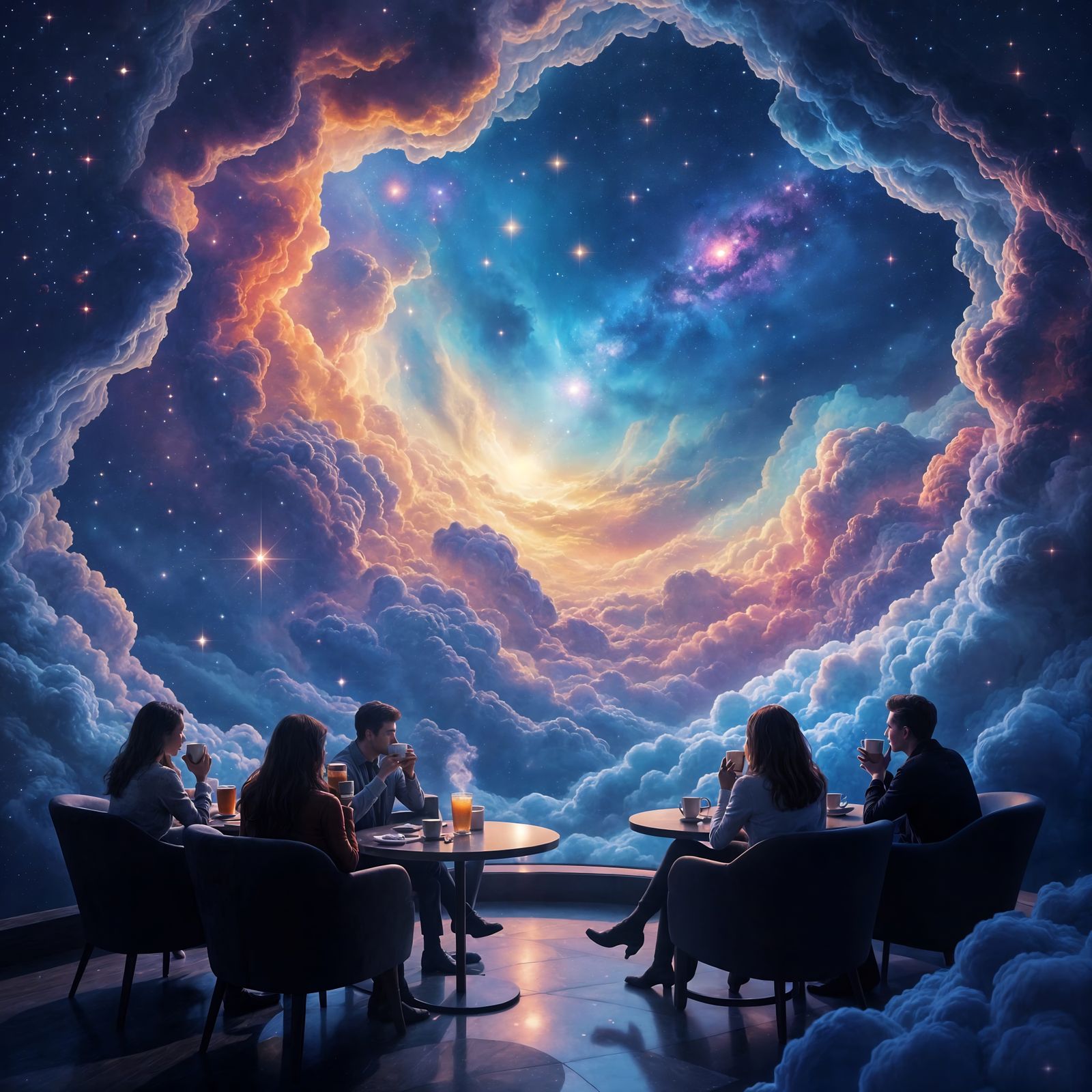 An otherworldly café situated on a nebula cloud, where patrons sip from self-pouring mugs under a sky ...  by @MARIUS CHIVU