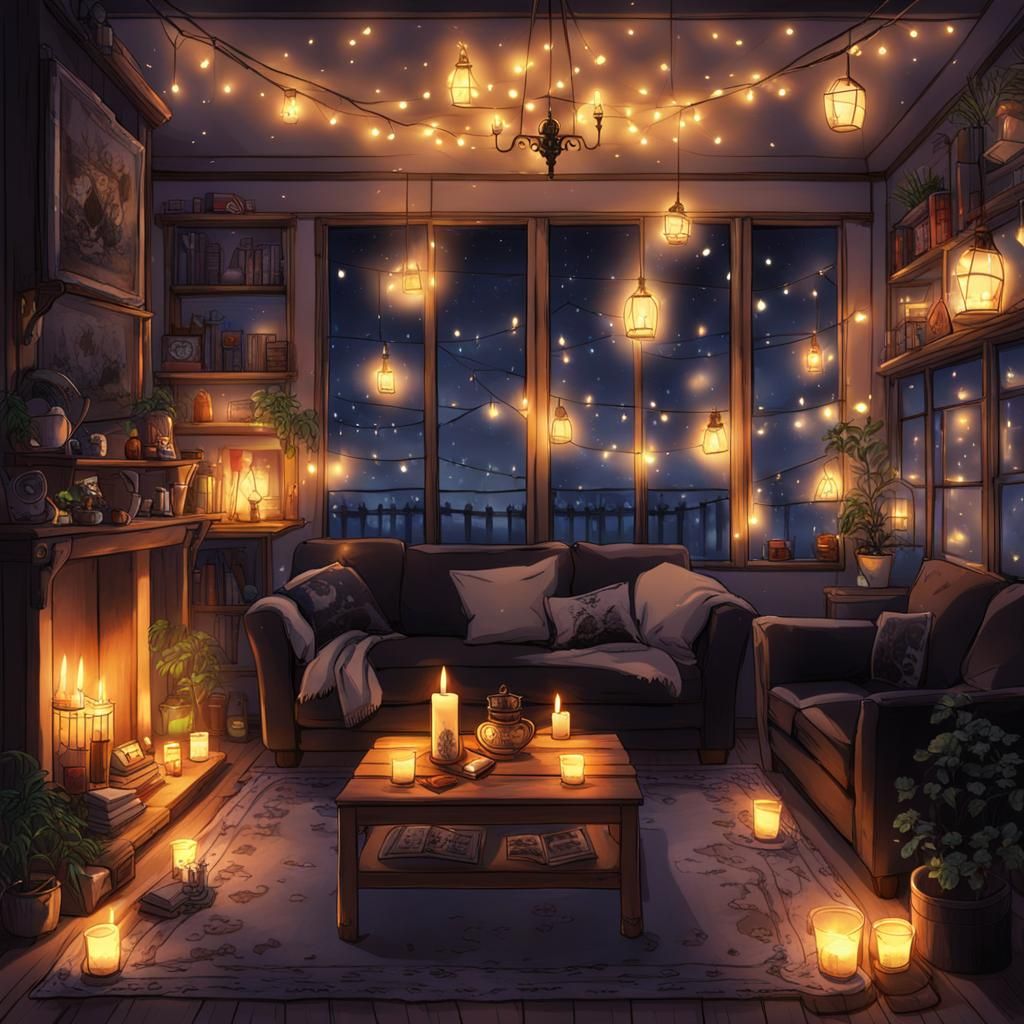 Cozy gothic living room with string lights and candles at night  by @Gummi