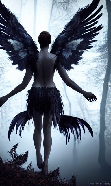 Fallen angel with raven wings with a splash of white feathers ...