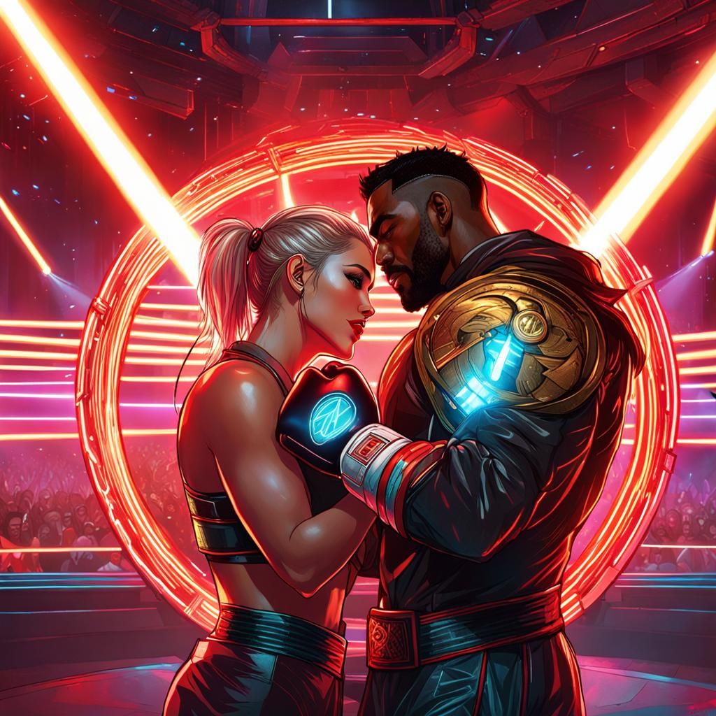 year 2100, futuristic fighting ring, two beautiful boxers wi...