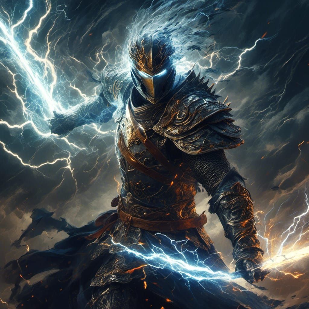<lora:Raio:1.0> An incredible knight with a sword made of lightning, armor formed from electrified lightning, a mesmerizing mesh of glowing...