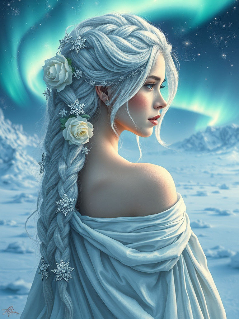 Soft texture acrylic ink, creating a beautiful ice queen with long white braided hair with silver crystal's ...  by @Judys Jems