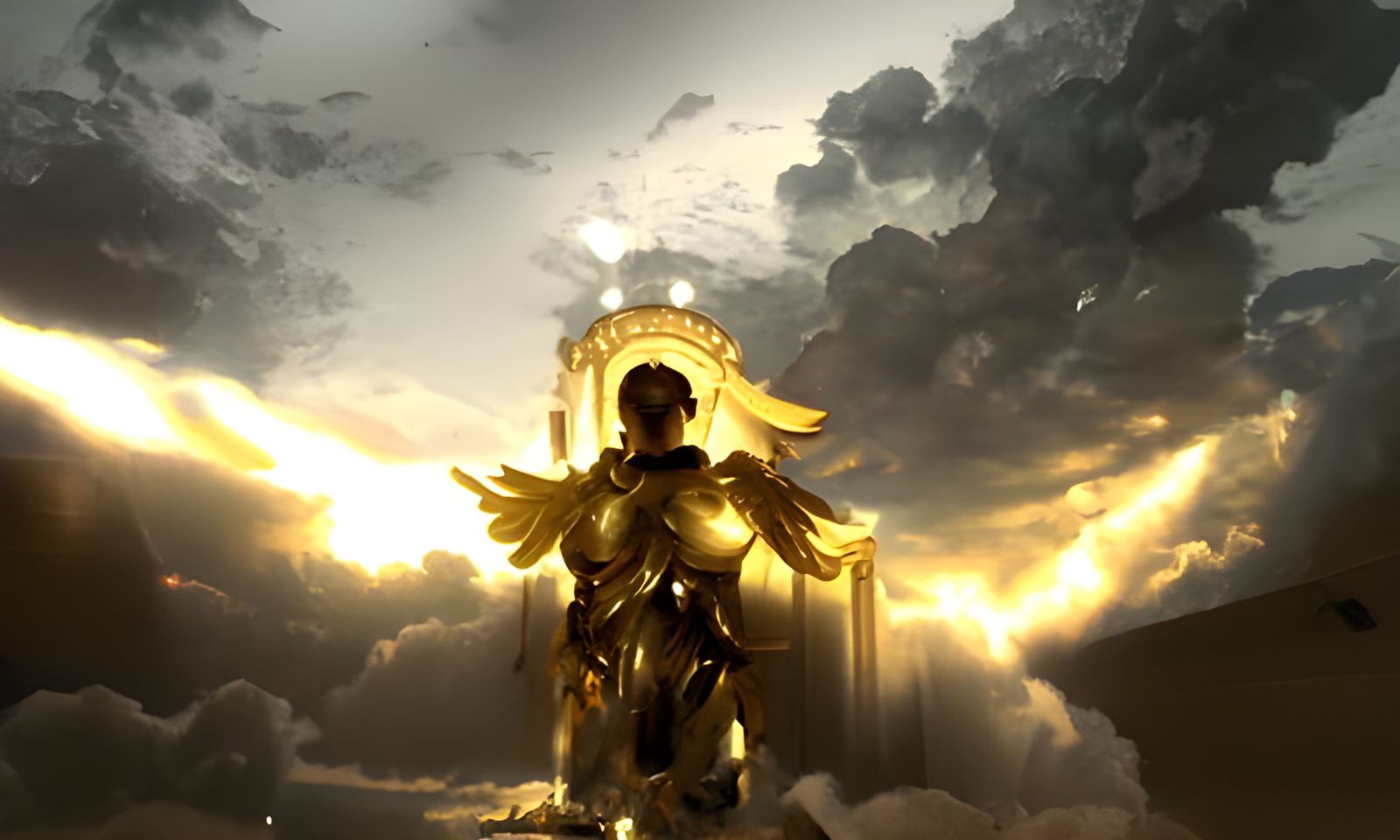 An angel in ancient golden armour descends from the clouded ...