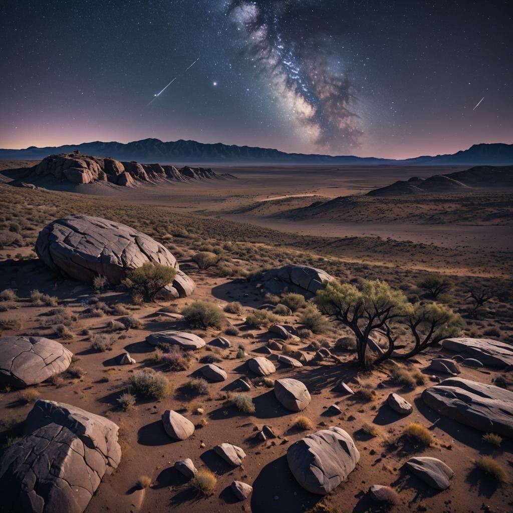 a steppe landscape, shrubland and rock, epic, arid, award-winning photography, night scene, starry sky