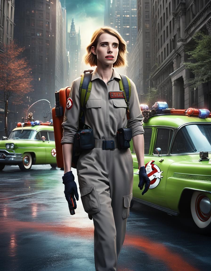 actress Emma Roberts as one of The Ghostbusters, athletic, w...