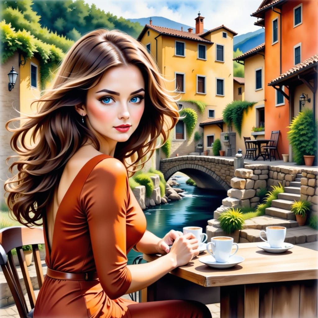 <lora:StarlightXLFlux:1.0> Create image of a woman with voluminous, flowing brown hair and striking blue eyes, seated at a table with a coff...