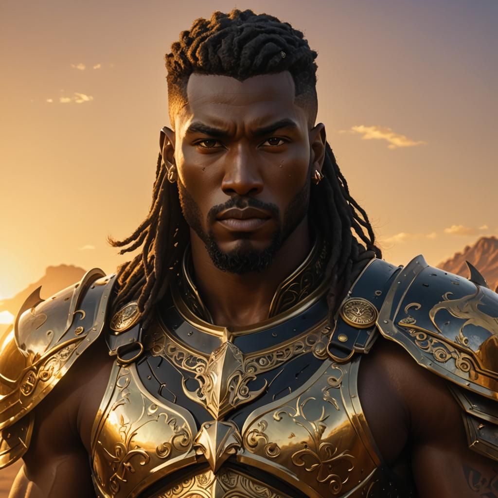 High Fantasy epic attractive male warlord portrait, dark skin, muscular, black steel and gold armor, scenic desert castle background, high d...