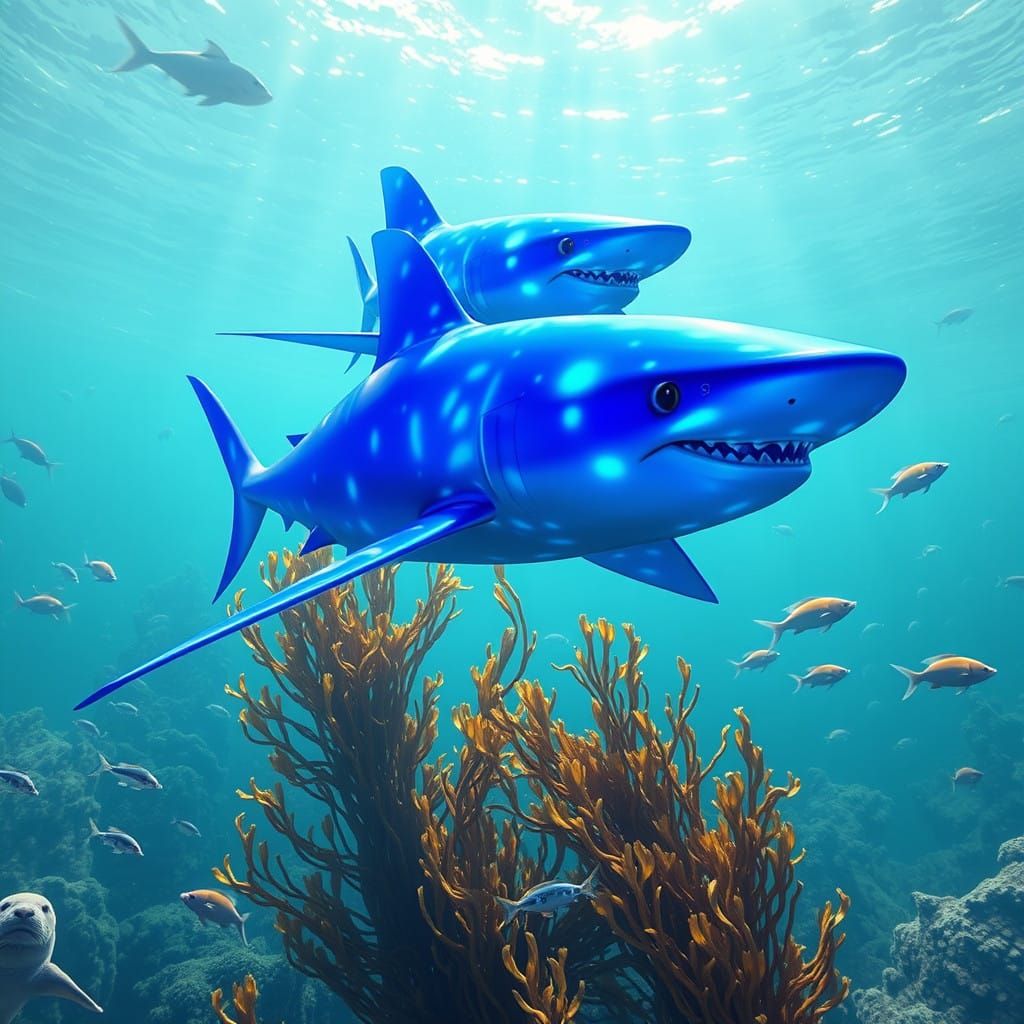 Vibrant Blue Light-Infused Holographic Sharks in Futuristic....