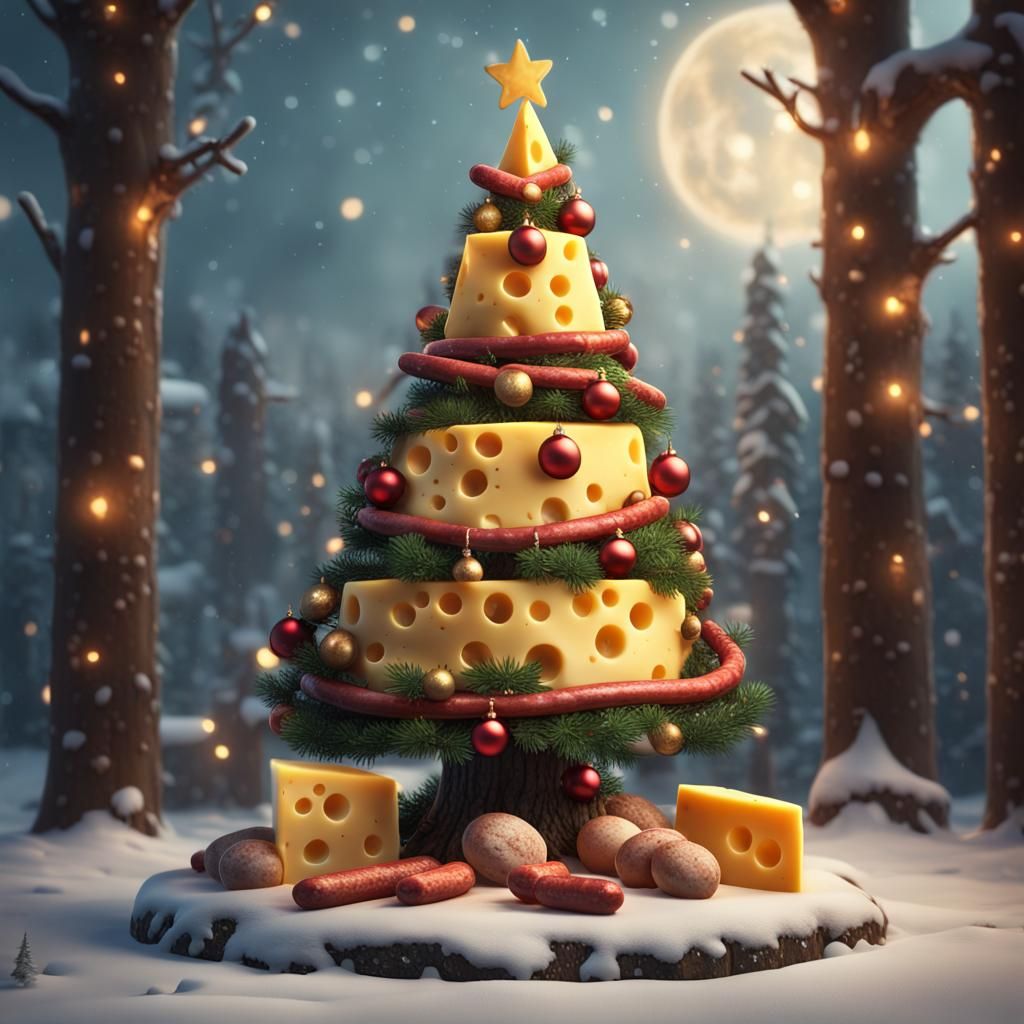 Christmas tree made from cheese and decorated with sausages   by @Jo Inch