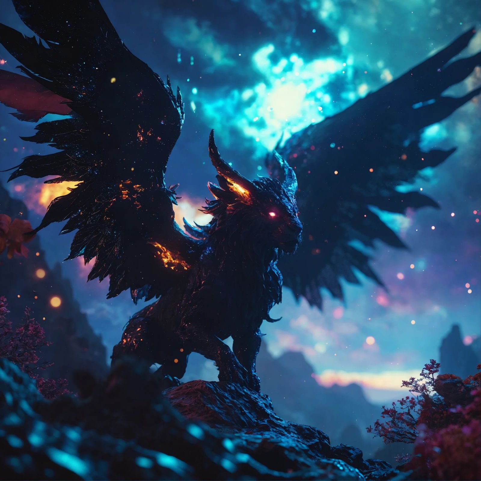 A dark Chimera in fantasy landscape at nebula night