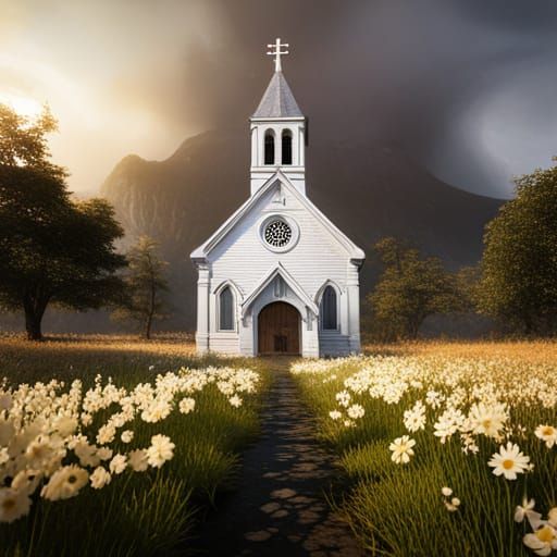 A beautiful white country church in a field AI Generated Artwork