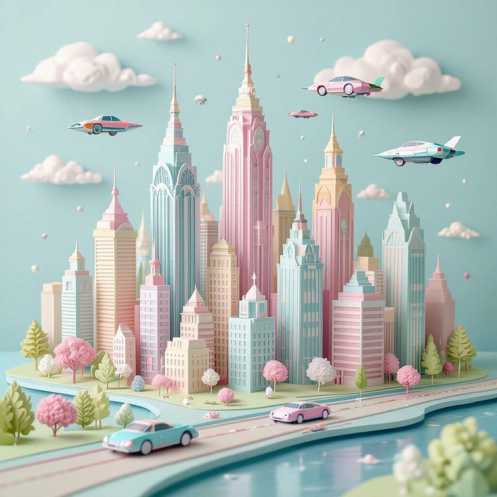 Pastel Futuristic Cityscape with Flying Cars as Paper Art