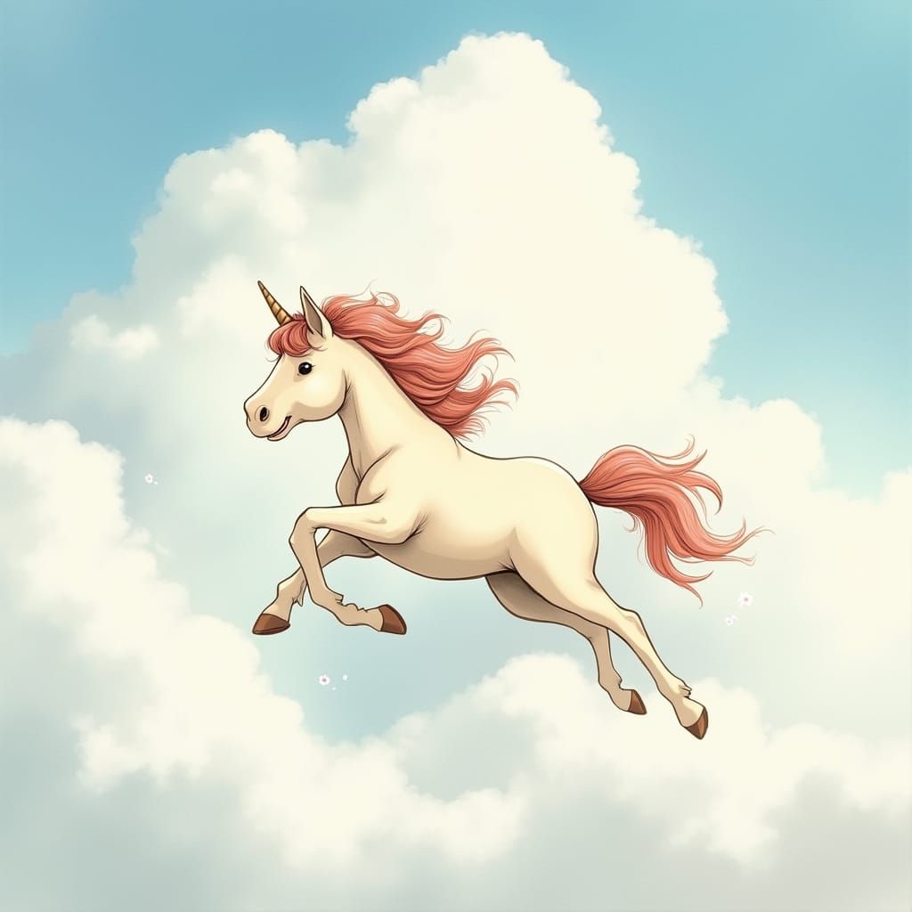 Whimsical Pony Soars Among Clouds in Dreamlike Watercolor St...