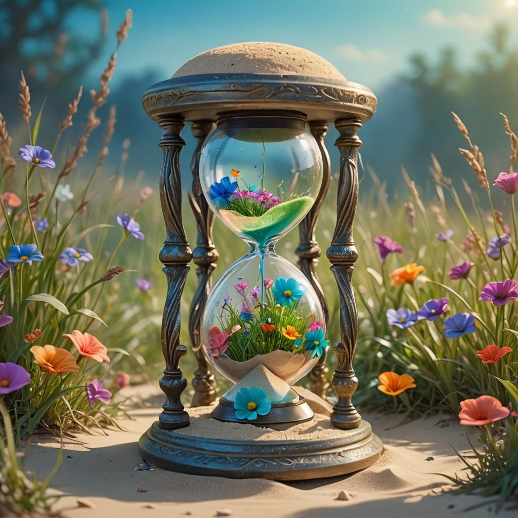 Hourglass Reflecting Fantasy Landscape in Detailed Art