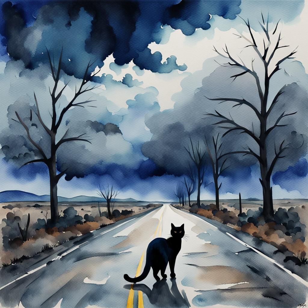 Black Cat on Western Road in Watercolor Style