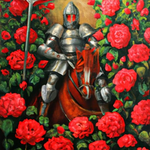 Flower Knight, Knight in armor, on armored horse surrounded, field of