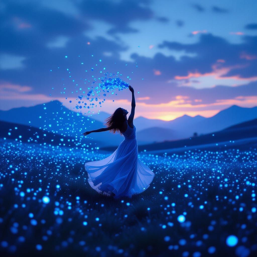 Figure Dancing in Luminous Petal Rain