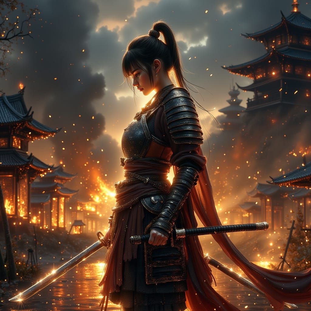<lora:Exquisite Flux:1.0> Girl samurai with katanas crying and a battlefield surrounded with the village Temple deconstruction fire at night...