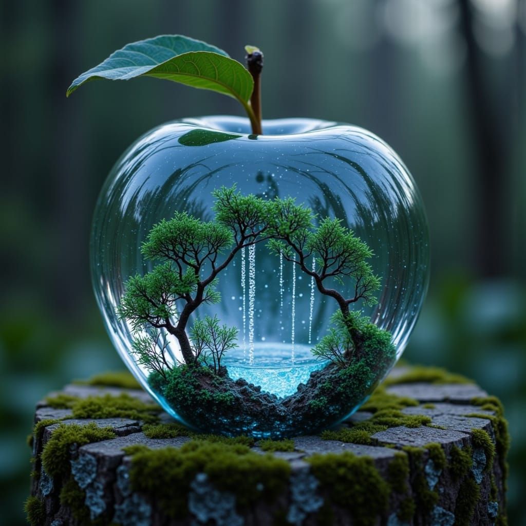 A perfectly spherical, flawless crystal apple, its surface refracting light with kaleidoscopic brilliance, rests gently on an ancient, moss-...