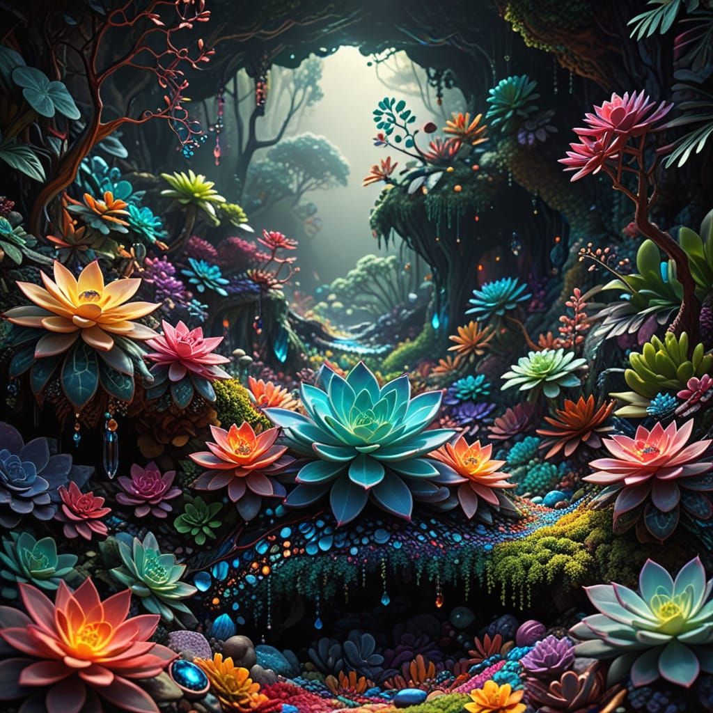 Luxurious Tropical Rainforest in Vibrant, Iridescent Colors