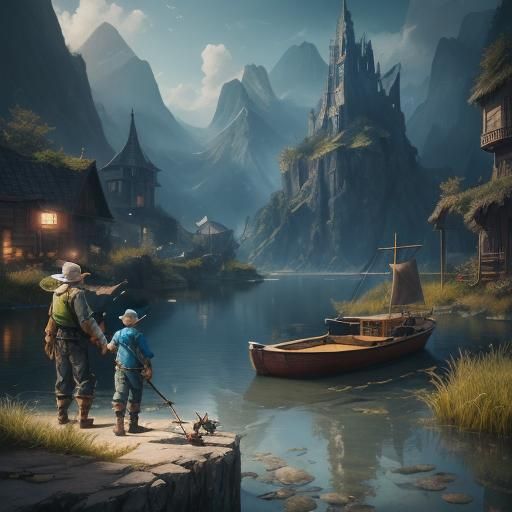 Fishing pole, fish, kid and grand Uncle