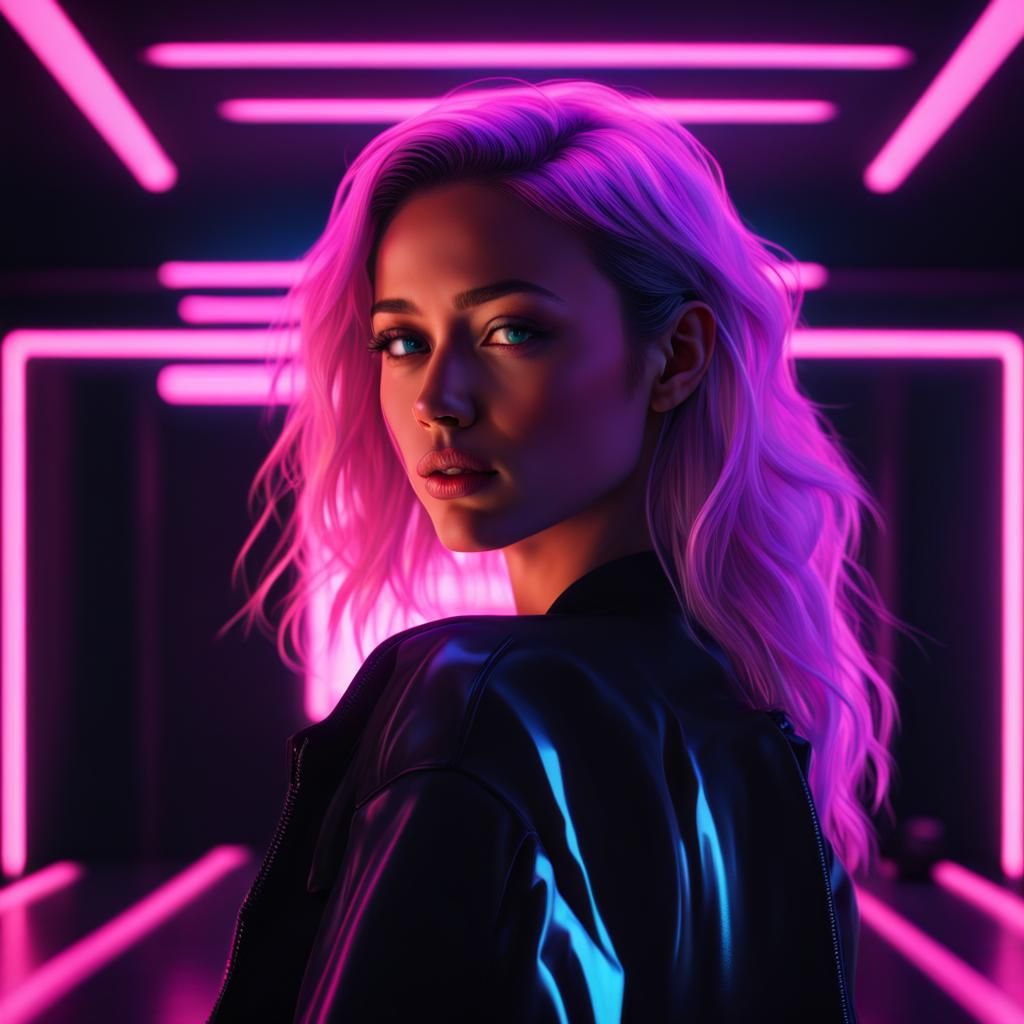 Realistic and Beautiful girl in black room, glowing hair , g...