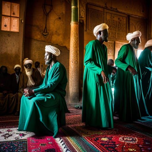 Sudanese Sufis in Green Robes, beads, and turbans dancing in a trance while at worship at a Sudanese Sufi Shrine 
