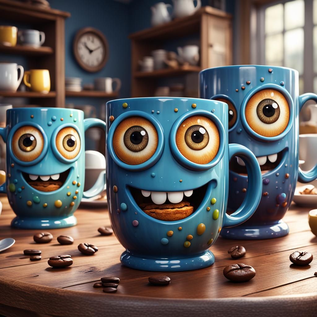 Cute googly eyed coffee mugs on a dining table  by @Ryota Muranaka