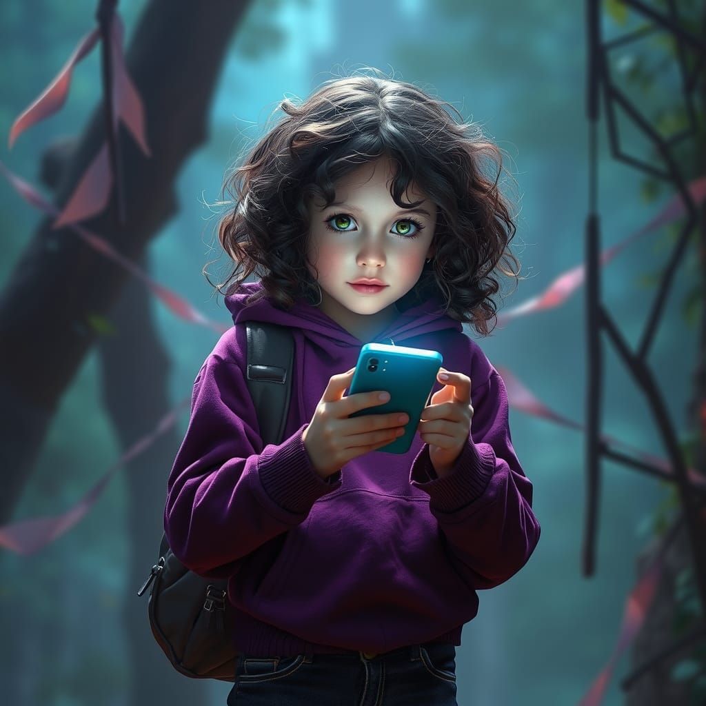 Girl with Glowing Phone in Fantasy Matte Painting