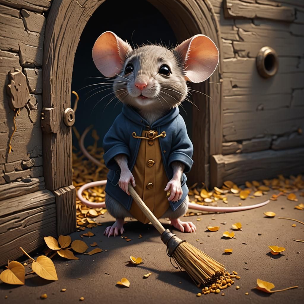 A cute mouse is sweeping