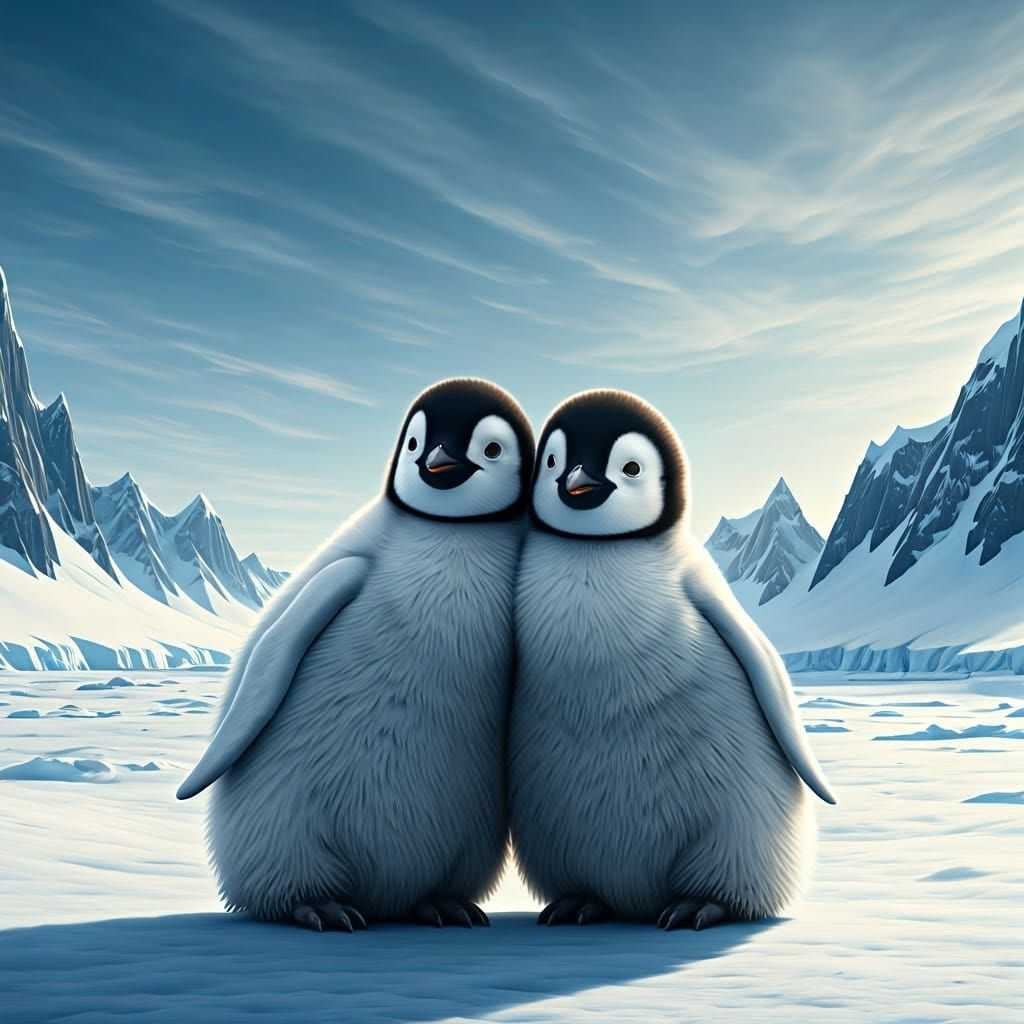 Adorable Twin Penguins in Antarctica Landscape