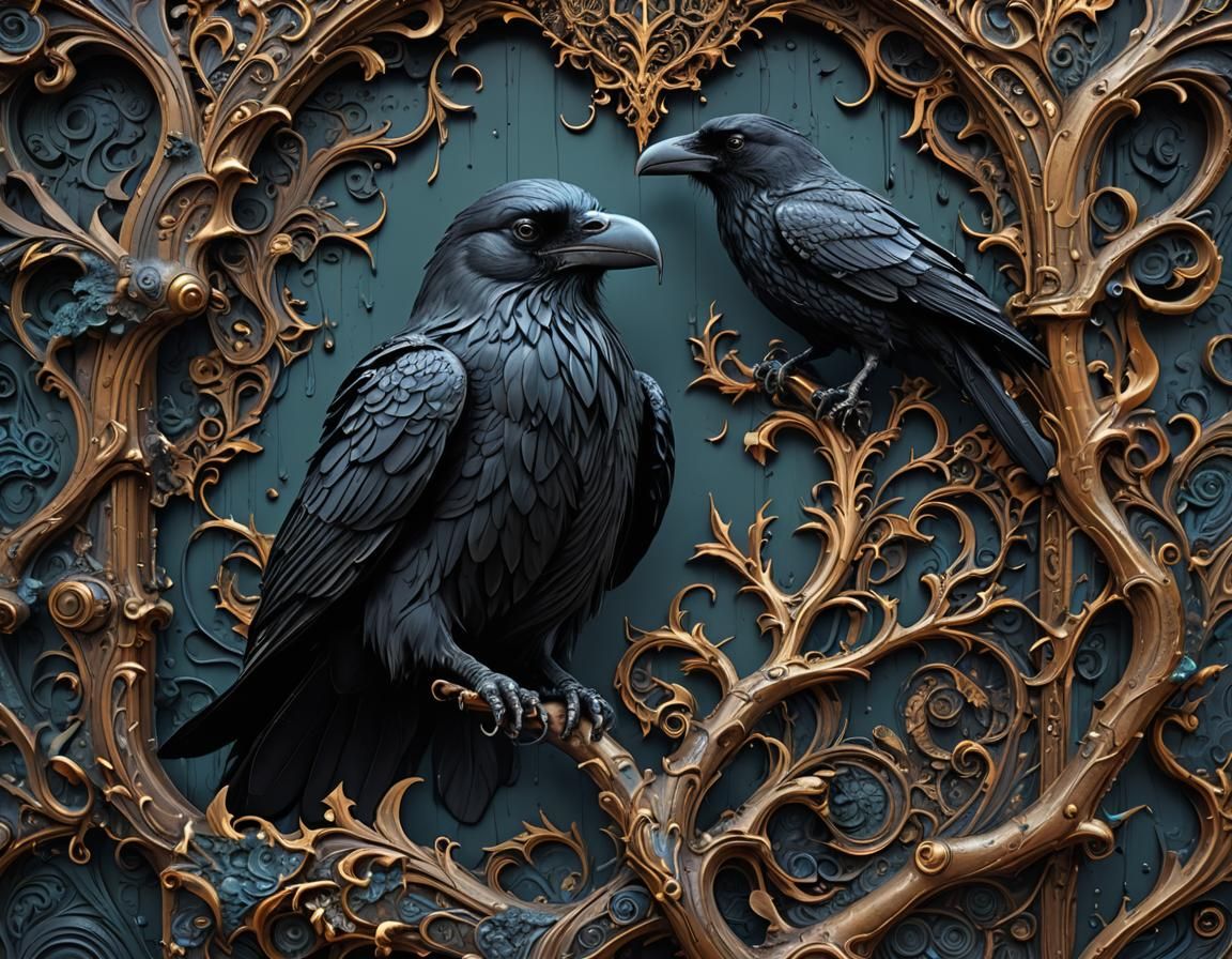 overdetalized textures and elements of insanely detailed linework patterns, wizard huge raven, wizard ...  by @Lennis