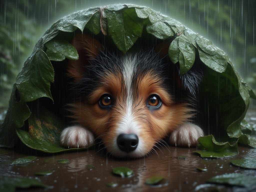 <lora:FiosAnimalsInTheRain:1.0> Sheltie seeking refuge under a leaf