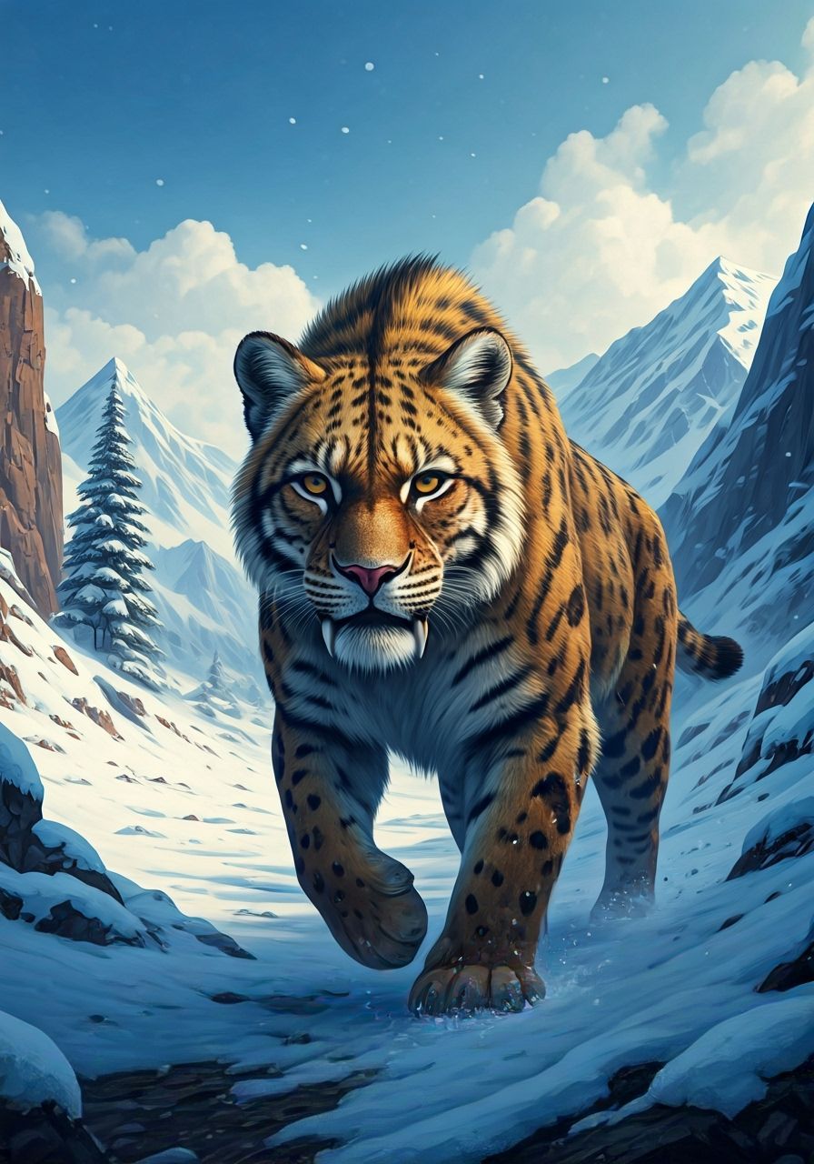 A saber-toothed cat in a snowy valley.  by @jeduardocwb