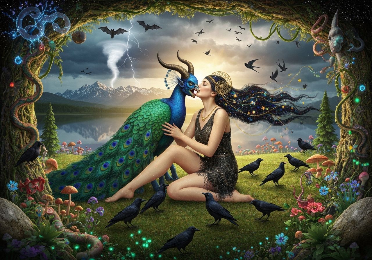  A creature with a demon/fiend's head and the body of a peacock kisses a woman with stardust woven into her dark, flowing hair, adorned with...