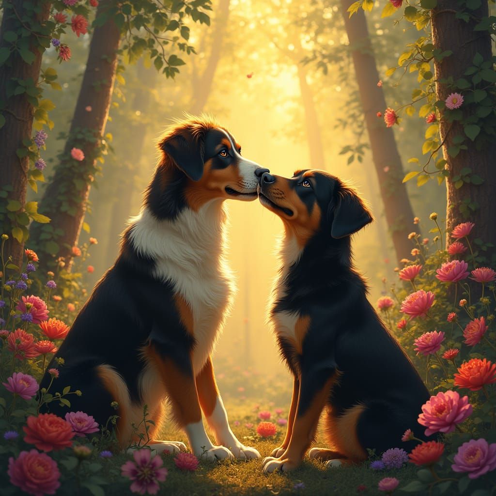 Dogs Kissing in a Whimsical Forest