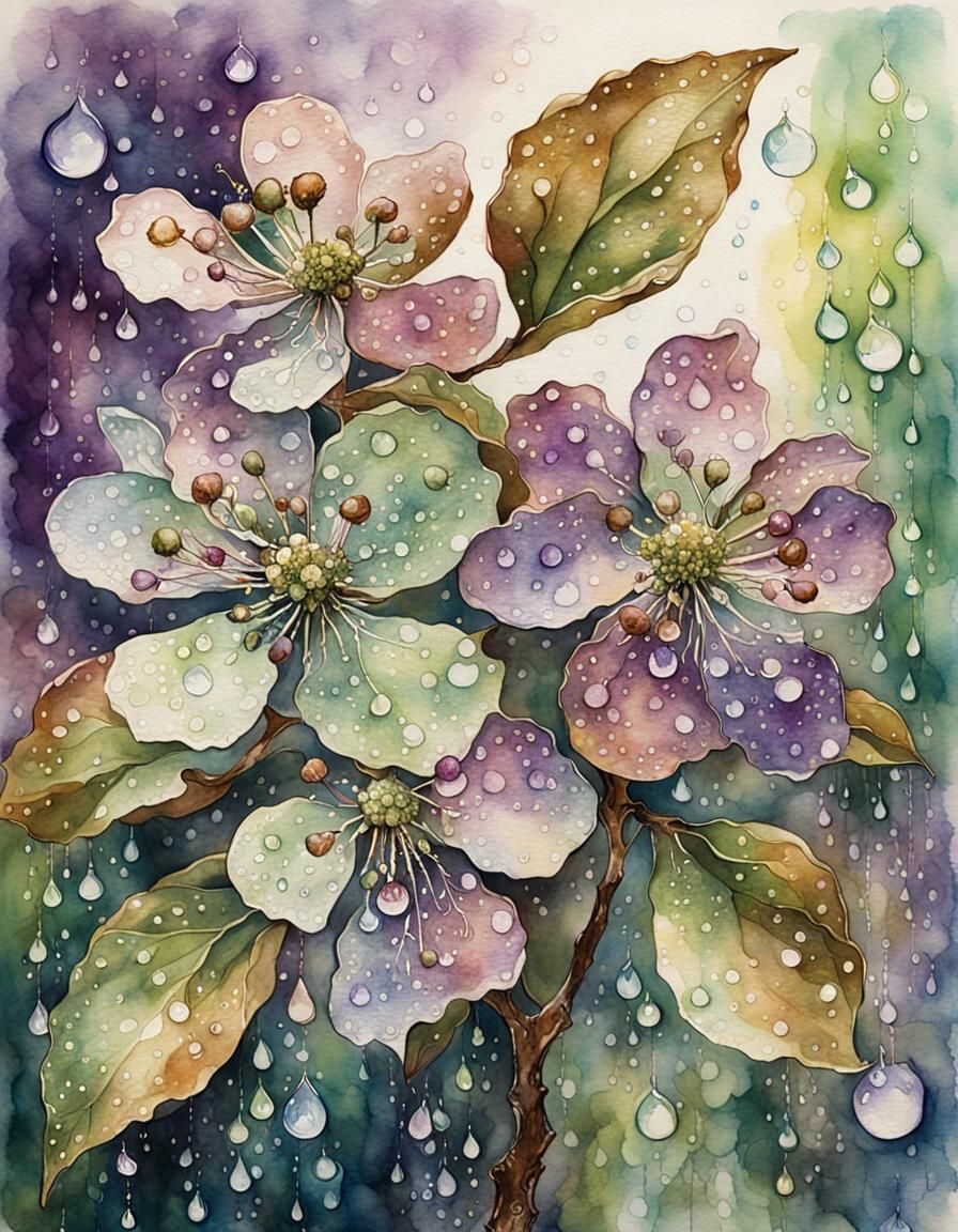 Ink and watercolor illustration  with Vivid Sage Green, Brow...