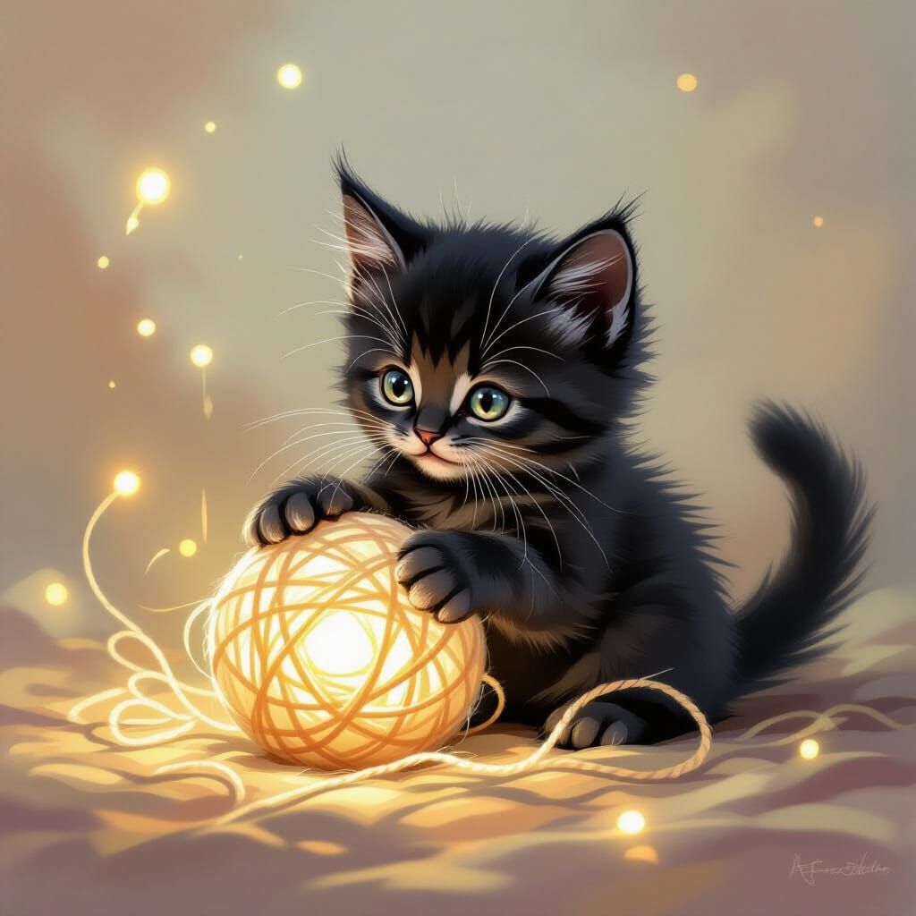 Interdimensional Strings… : A whimsical black kitten playfully batting at a ball of yarn that glows with an inner, ethereal light, leaving glowing strands of yarn float...