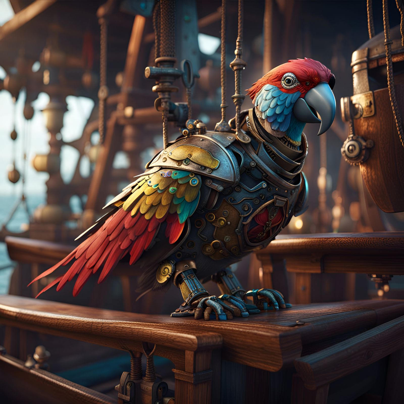 Robot parrot on a pirate ship  by @Abominator