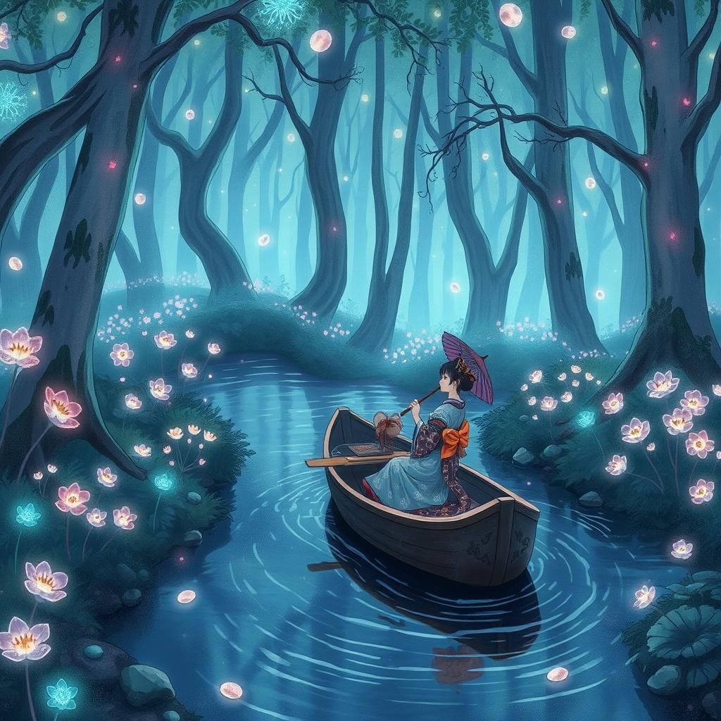 Geisha floating on a wooden boat