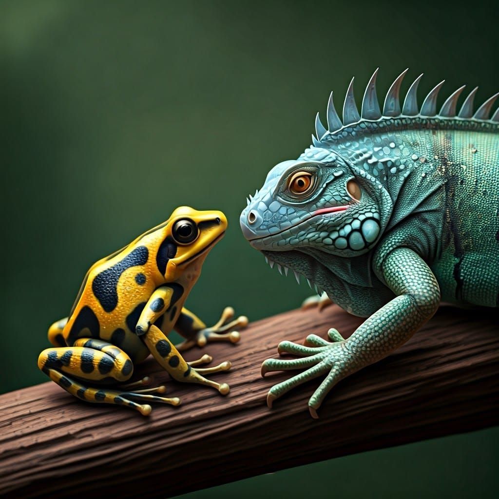 Iguana and Frog Intimate Encounter in Japanese Art Style